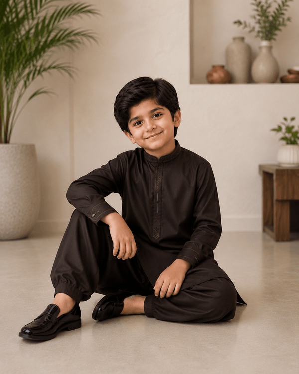 Boy Embroidered Shalwar Kameez Brown
