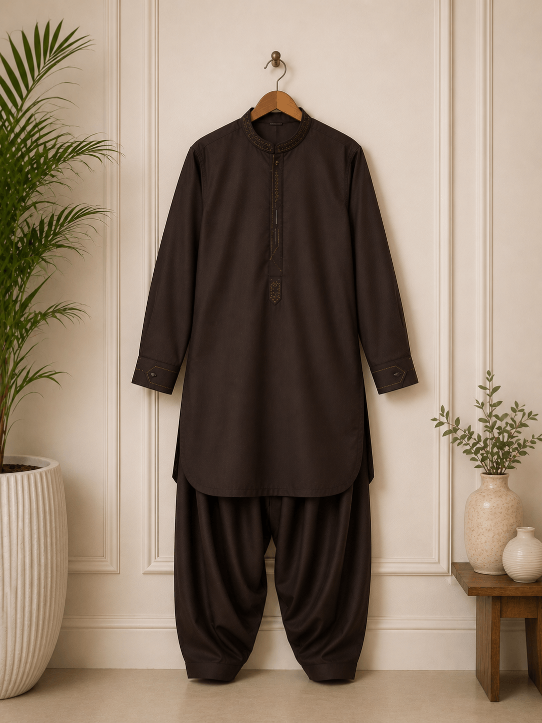 Boy Embroidered Shalwar Kameez Brown