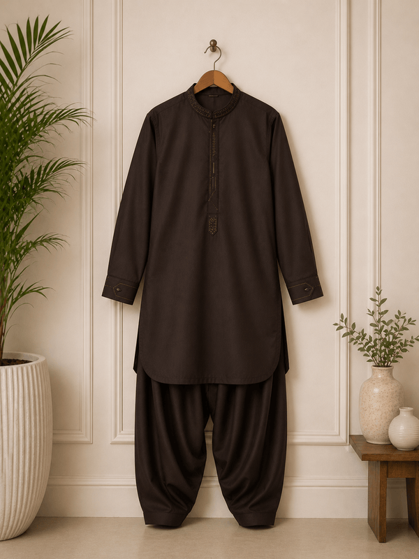 Boy Embroidered Shalwar Kameez Brown