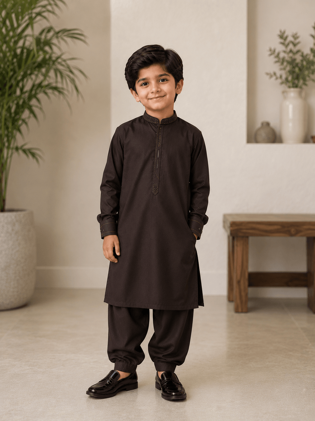 Boy Embroidered Shalwar Kameez Brown