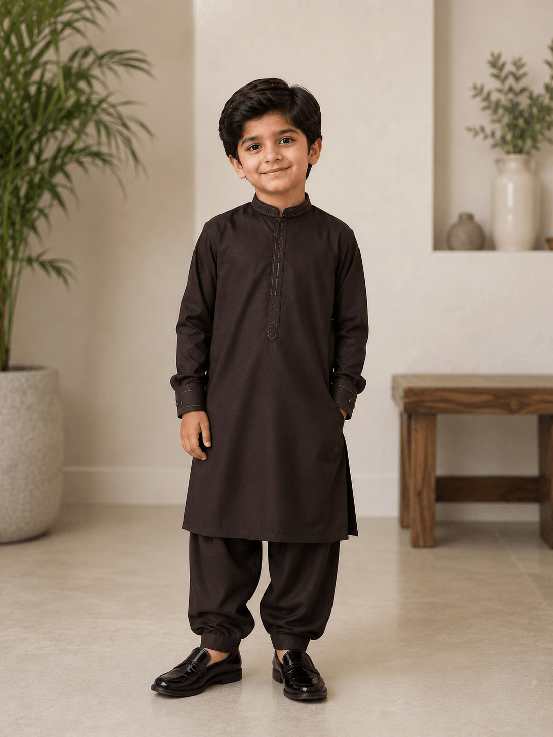 Boy Embroidered Shalwar Kameez Brown