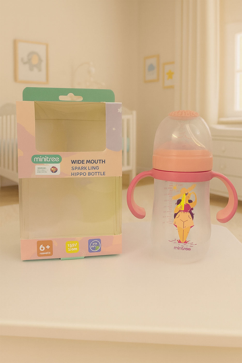 MiniTree Wide Mouth SparkLing Hippo Bottle Dark Pink