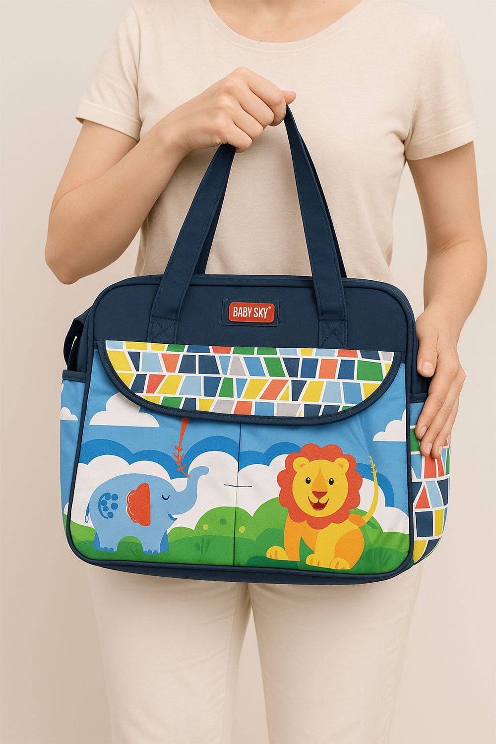 Navy Blue Baby Sky Lion Printed - Diaper Bag with Front Pocket Diaper Travel Bag