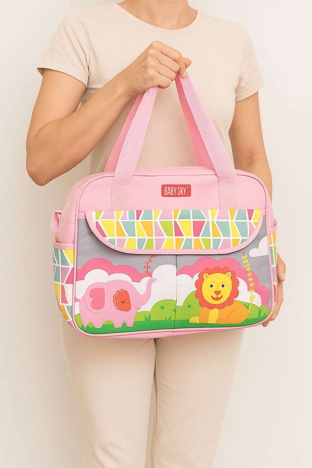 Pink Baby Sky Lion Printed - Diaper Bag with Front Pocket Diaper Travel Bag