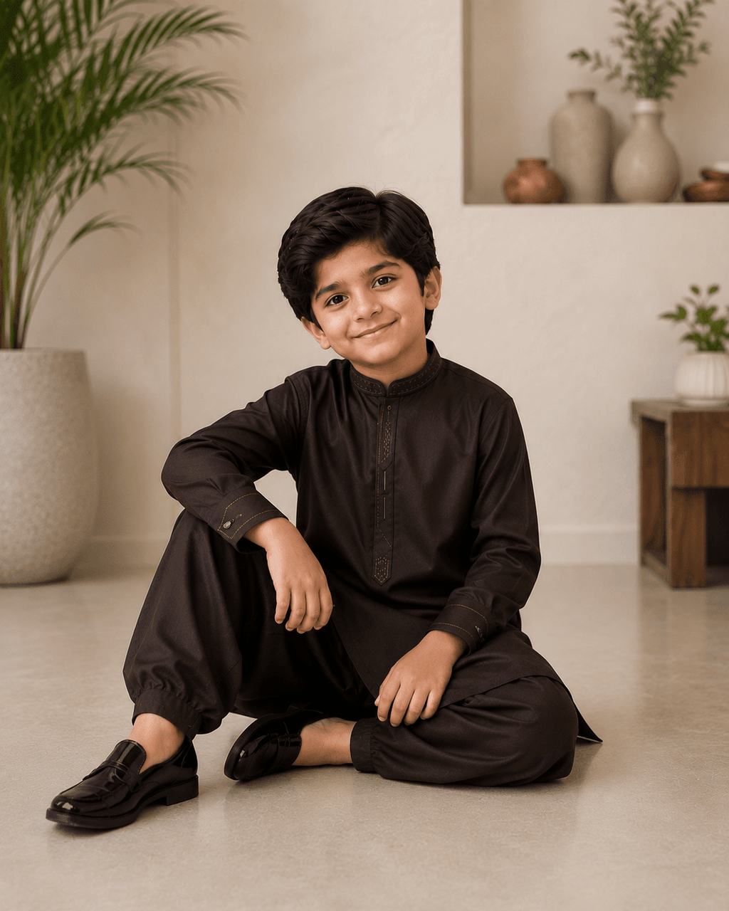 Boy Embroidered Shalwar Kameez Brown - Kiddiesco