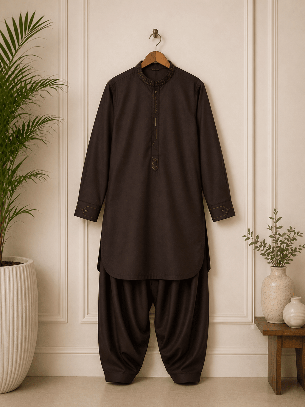 Boy Embroidered Shalwar Kameez Brown - Kiddiesco