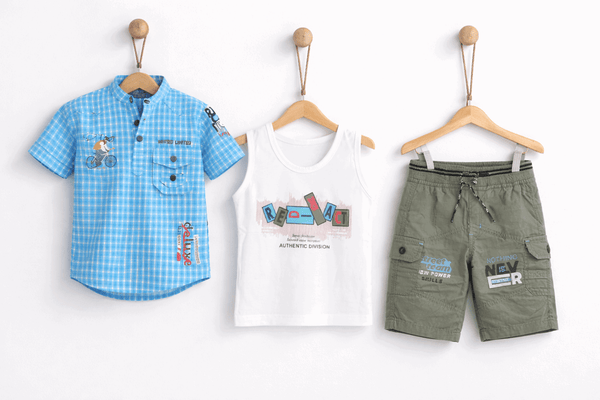 Boys Casual Summer Set Blur Check 3Pcs - Kiddiesco