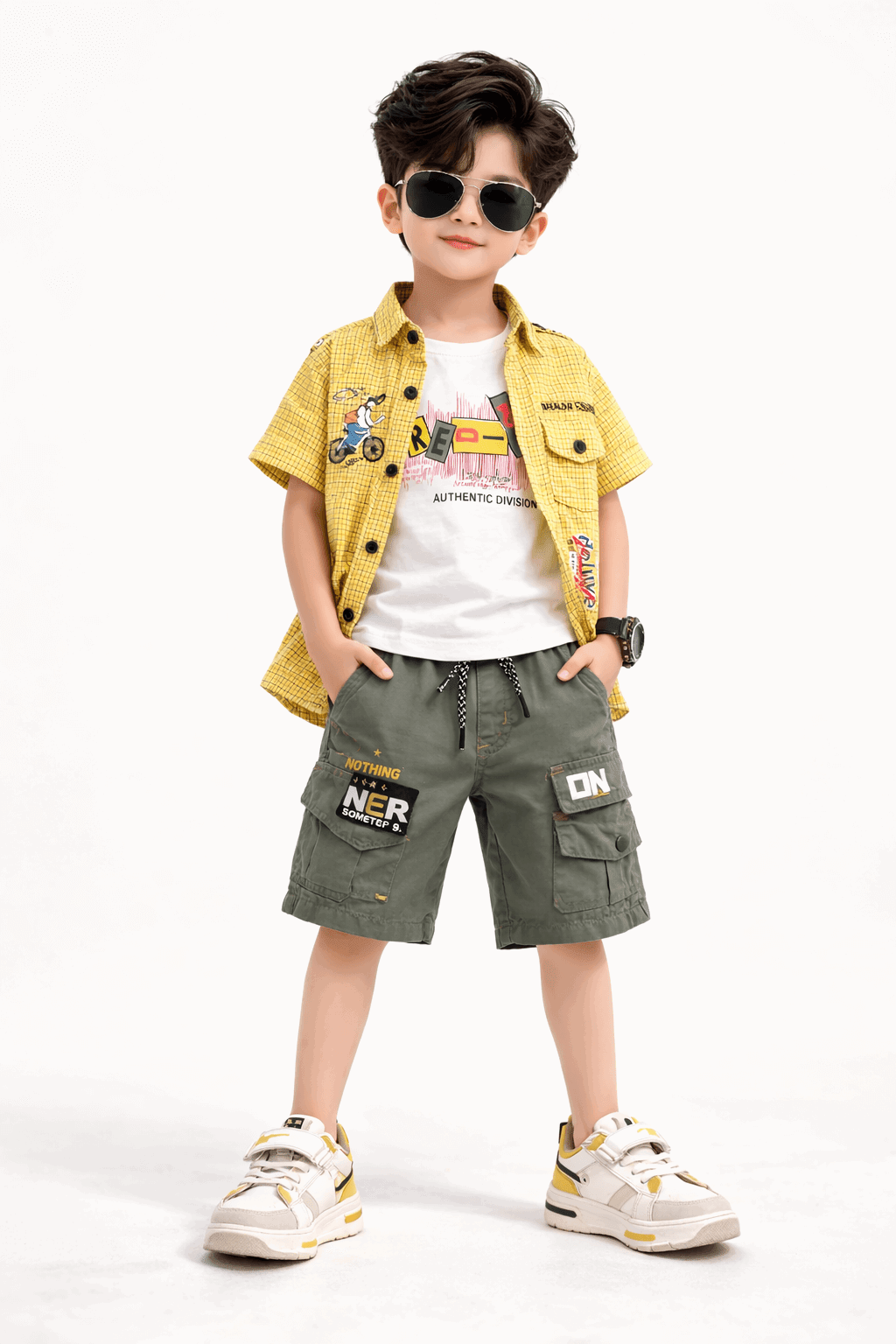 Boys Casual Summer Set Yellow Check 3Pcs - Kiddiesco