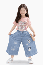 Girls Casual Bunny Print Outfit T-Shirt & Jeans - Kiddiesco