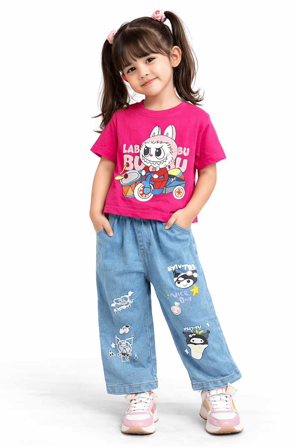 Girls Casual Bunny Print Outfit T-Shirt & Jeans - Kiddiesco