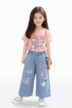 Girls Casual Bunny Print Outfit T-Shirt & Jeans - Kiddiesco