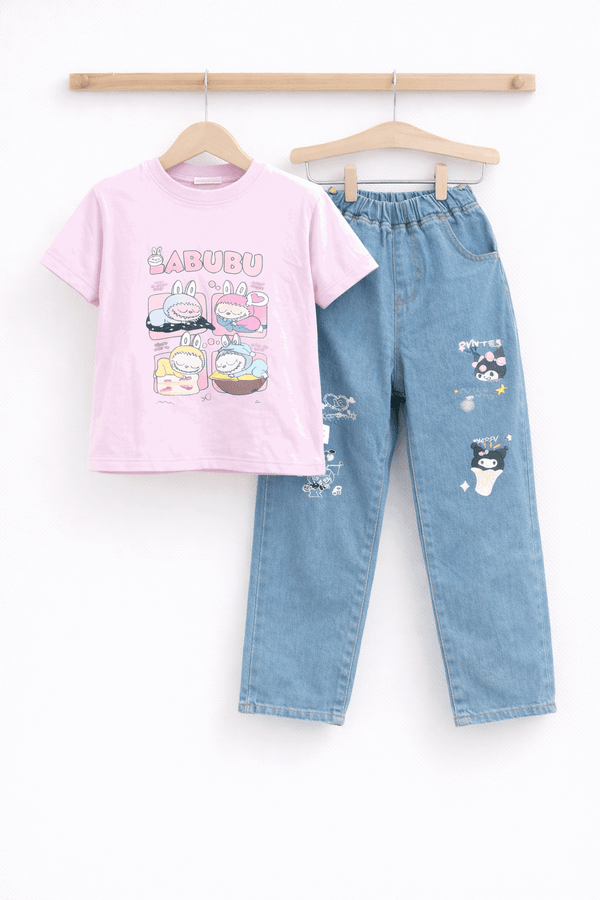 Girls Casual Bunny Print Outfit T-Shirt & Jeans - Kiddiesco