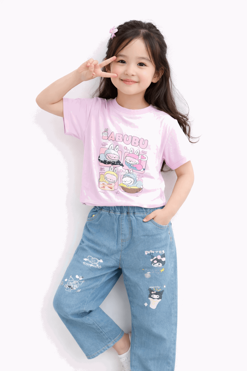Girls Casual Bunny Print Outfit T-Shirt & Jeans - Kiddiesco