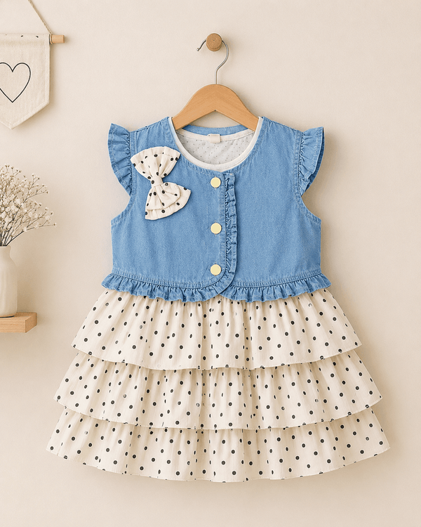 Girls Denim Jacket Dotted Frock - Kiddiesco