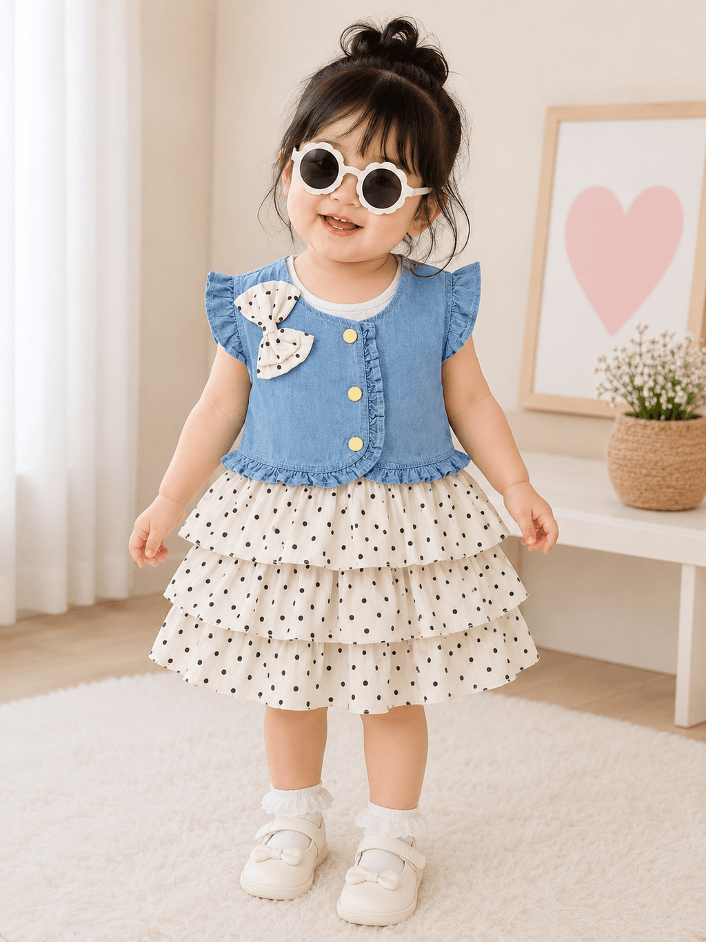 Girls Denim Jacket Dotted Frock - Kiddiesco