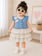 Girls Denim Jacket Dotted Frock - Kiddiesco