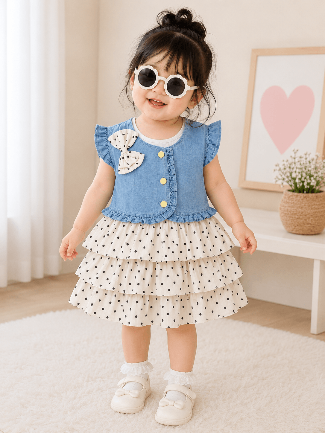 Girls Denim Jacket Dotted Frock - Kiddiesco