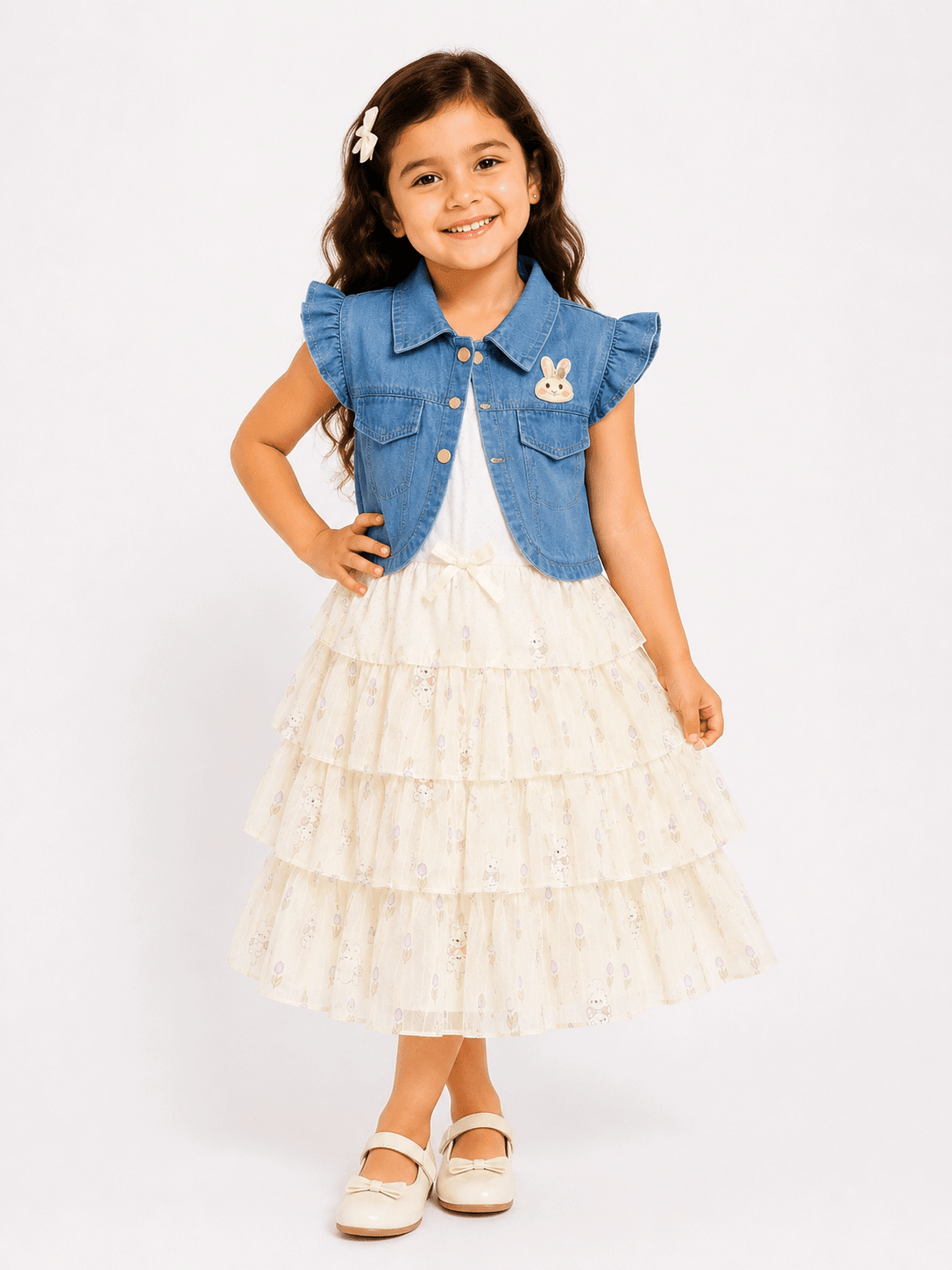 Girls Denim Jacket Printed Frock - Kiddiesco Main image