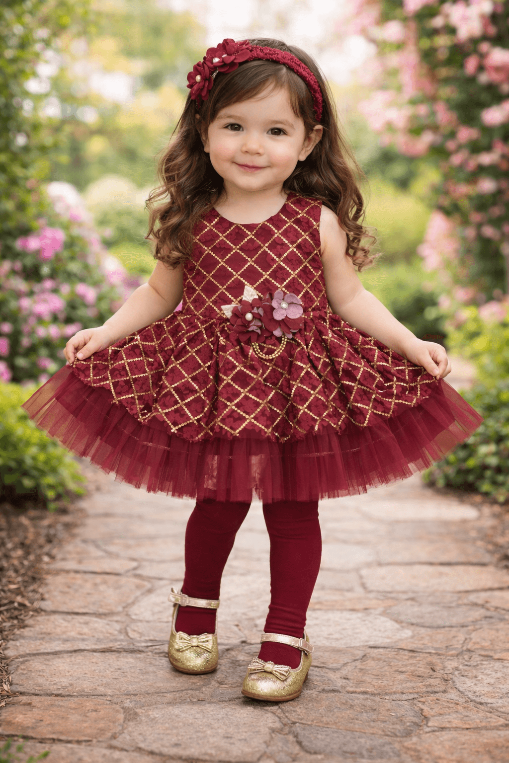 Infant Girls Net Fancy Frock 3 Pcs Maroon - Kiddiesco