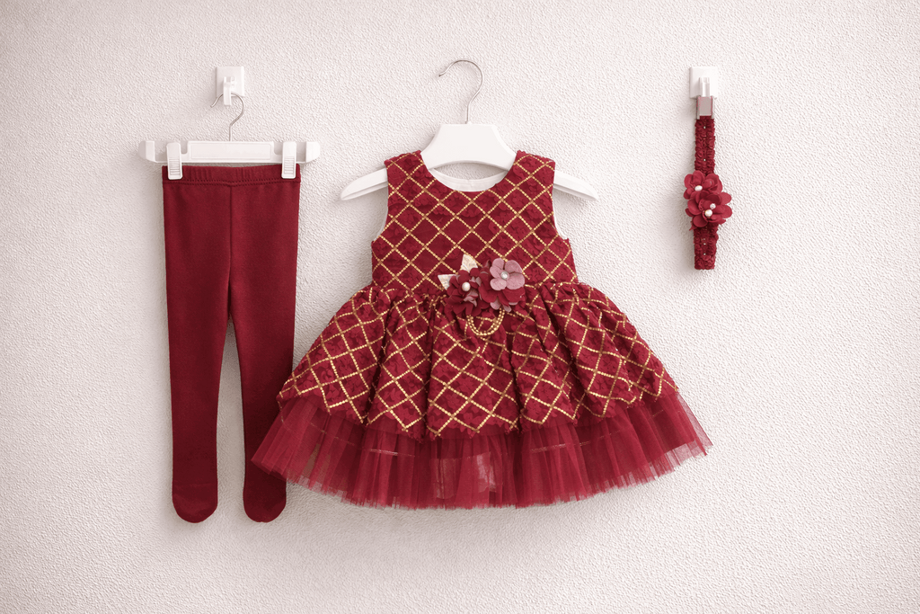 Infant Girls Net Fancy Frock 3 Pcs Maroon - Kiddiesco