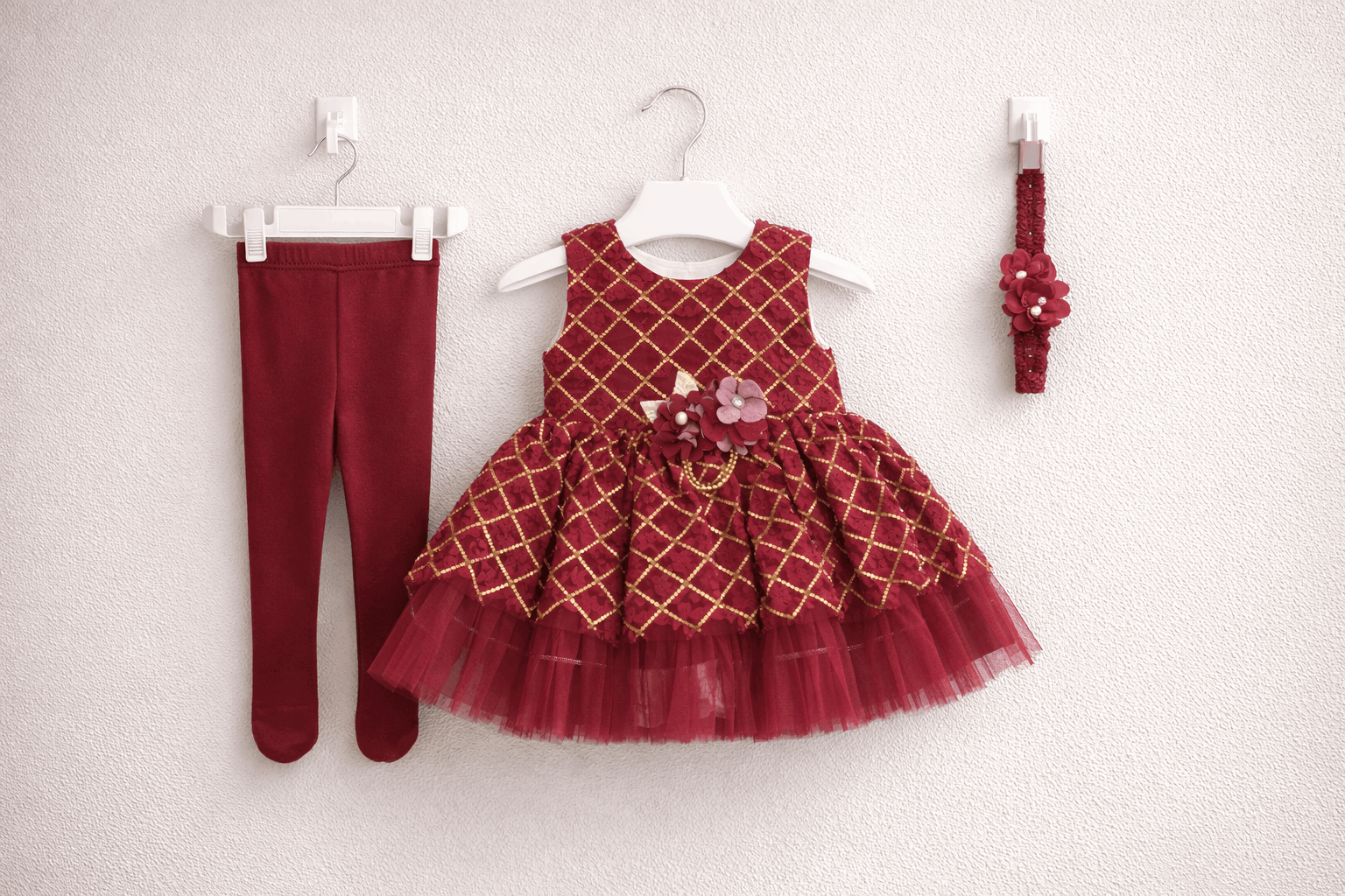 Infant Girls Net Fancy Frock 3 Pcs Maroon - Kiddiesco