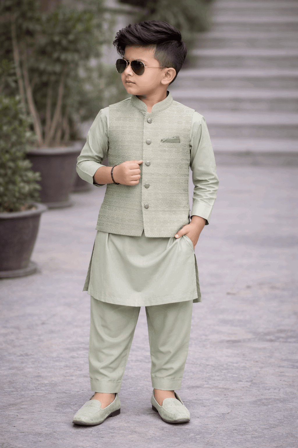 Little Prince Waistcoat Shalwar Suit Blue - Kiddiesco