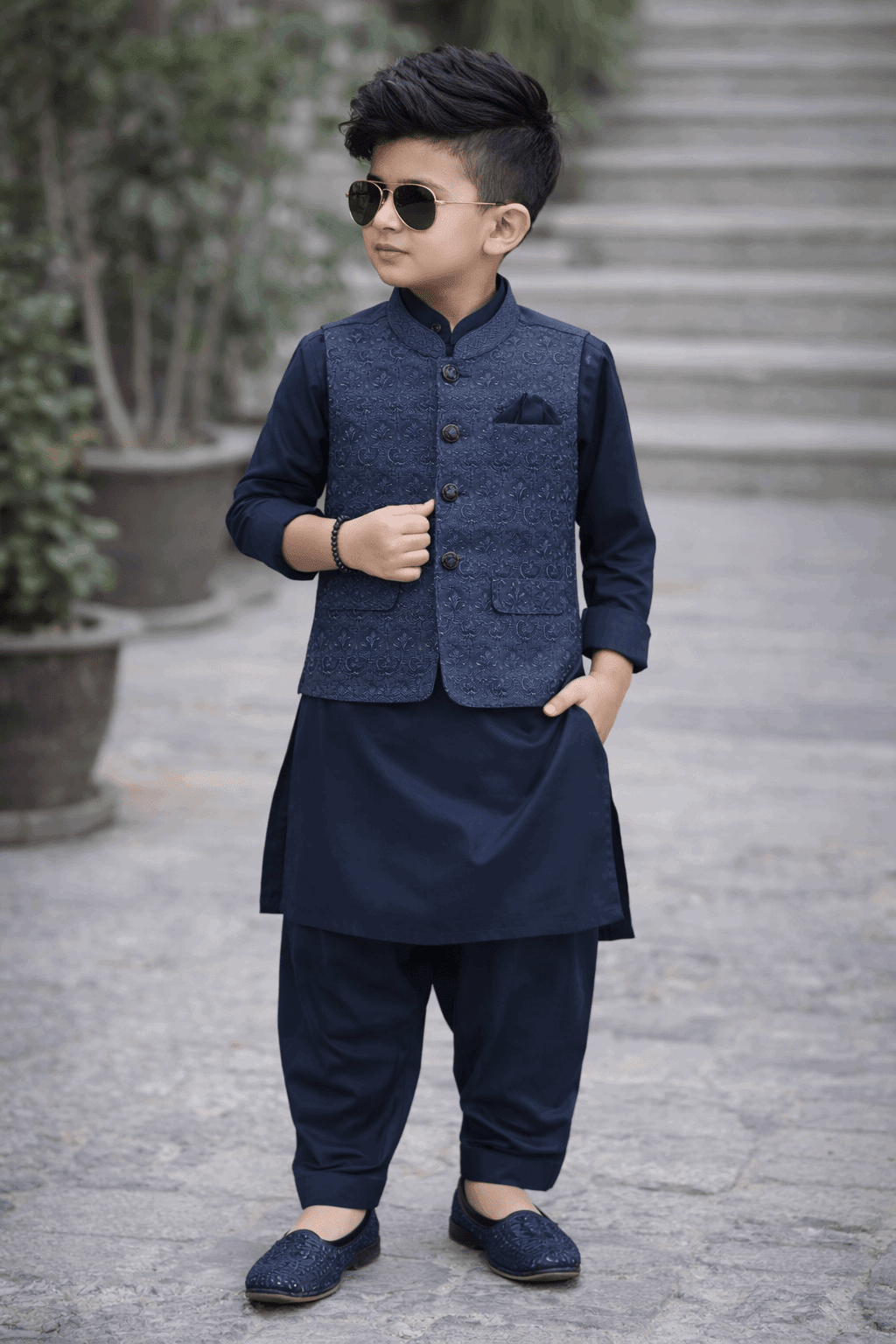 Little Prince Waistcoat Shalwar Suit Blue - Kiddiesco Main image