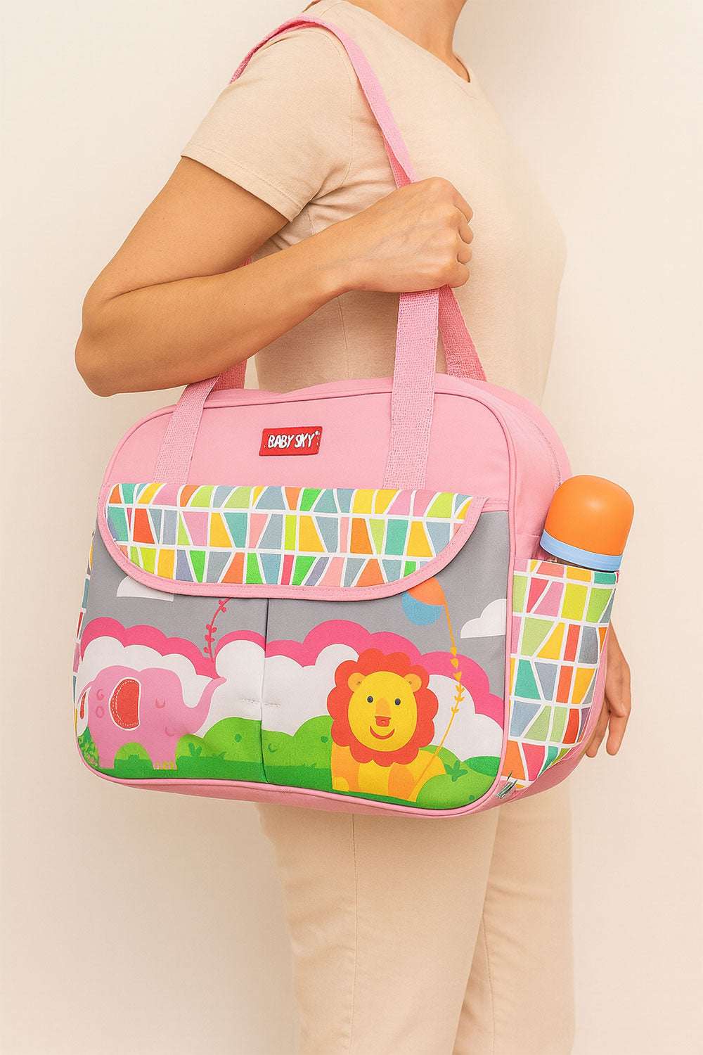 Pink Baby Sky Lion Printed - Diaper Bag with Front Pocket Diaper Travel Bag - Kiddiesco