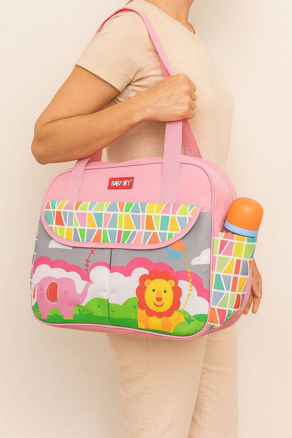 Pink Baby Sky Lion Printed - Diaper Bag with Front Pocket Diaper Travel Bag - Kiddiesco